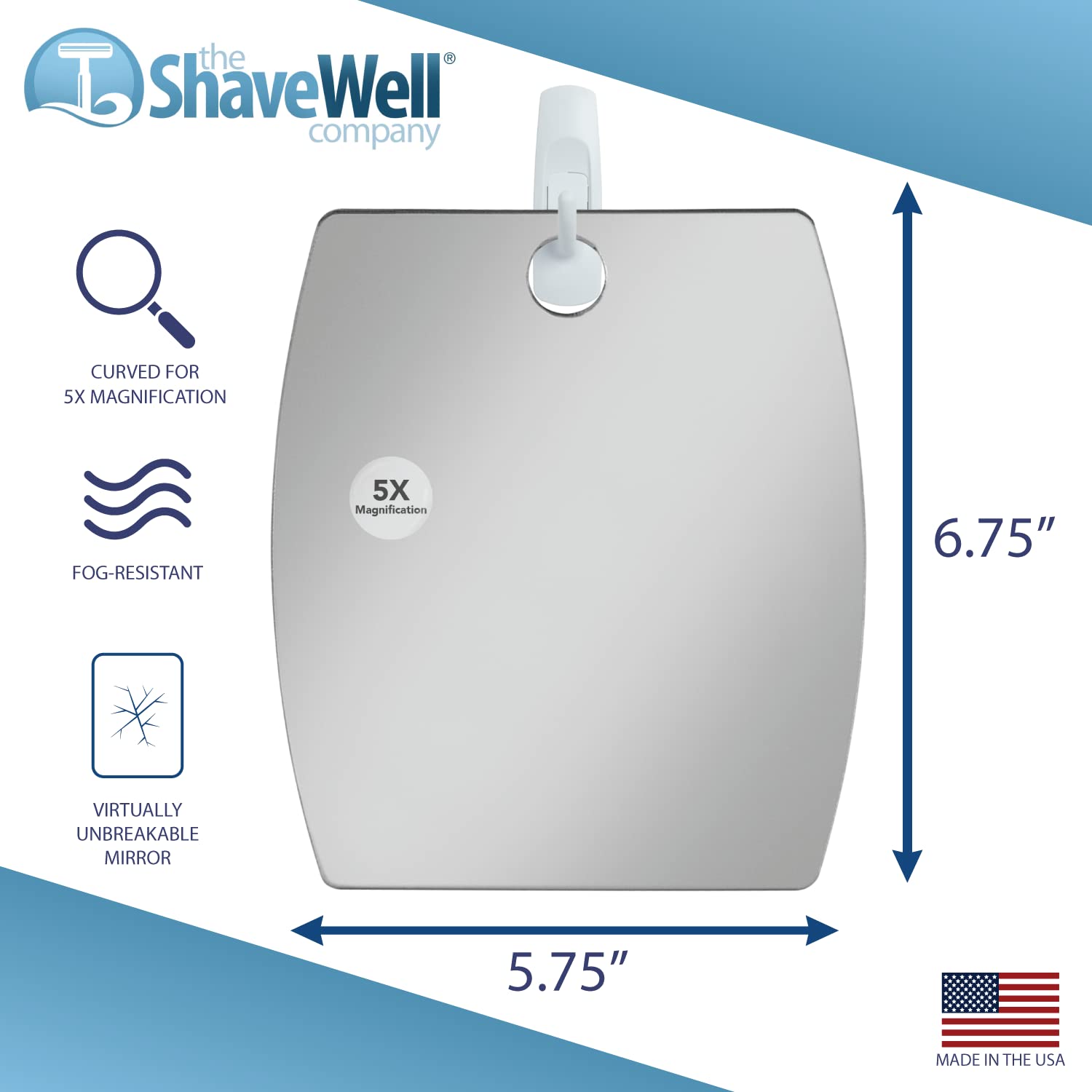 Shave Well 5X Magnified Fog Free Shower Mirror - Fogless Bathroom Shaving Mirror - for Men and Women - Large - Removable Adhesive Hook