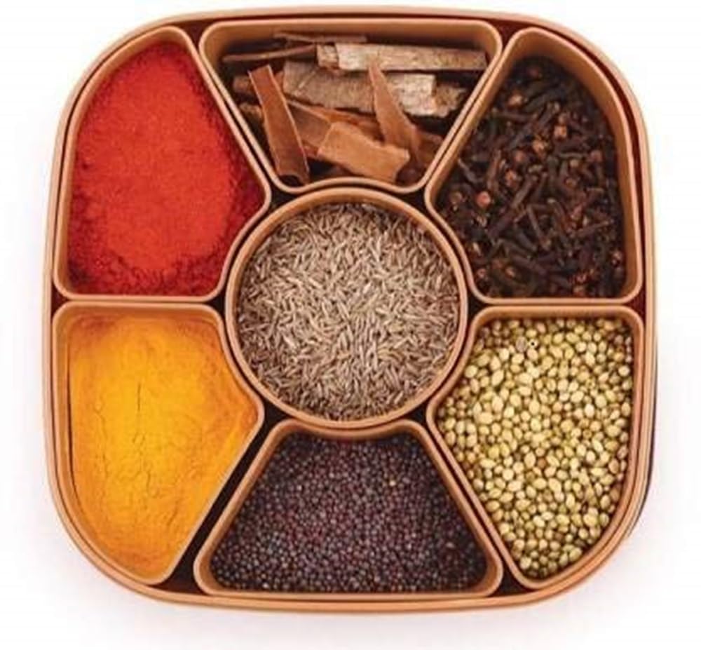 Harshlove Square Plastic Spice Box With 7 Sections, Masala Dabba Storage Container, 1500Ml Capacity, Brown