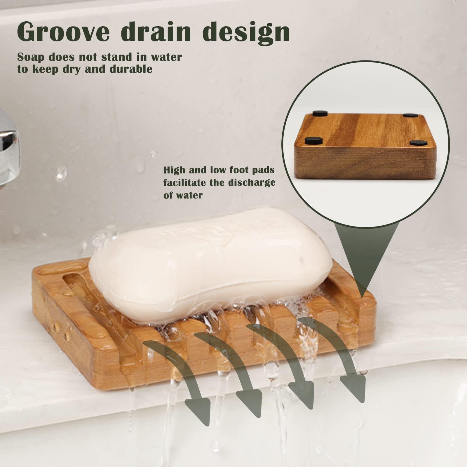 Samebuteco Teak Wooden Soap Holder - 2 Pack, Self Draining Tray, Waterfall Drain, Soap Saver For Bathroom Shower And Bar Soap Wi