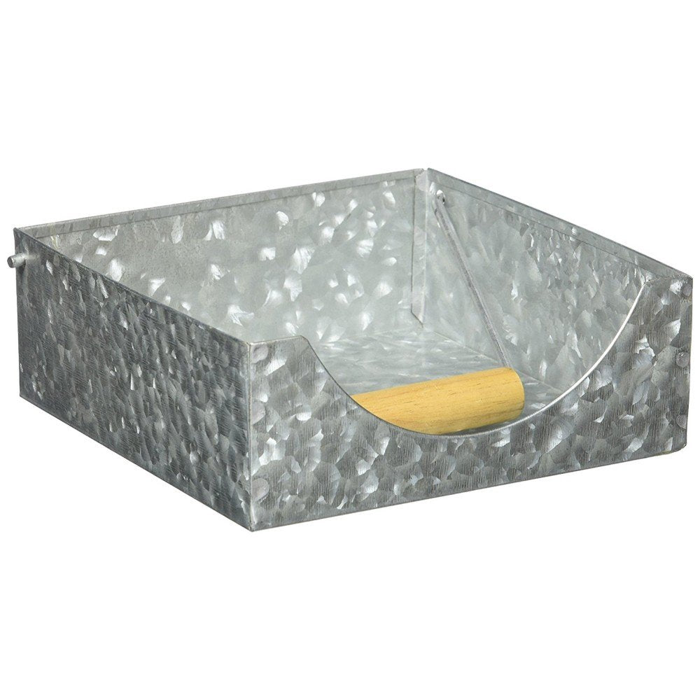Benjara Galvanized Metal Napkin Holder with Fitted Wooden Handle, Gray