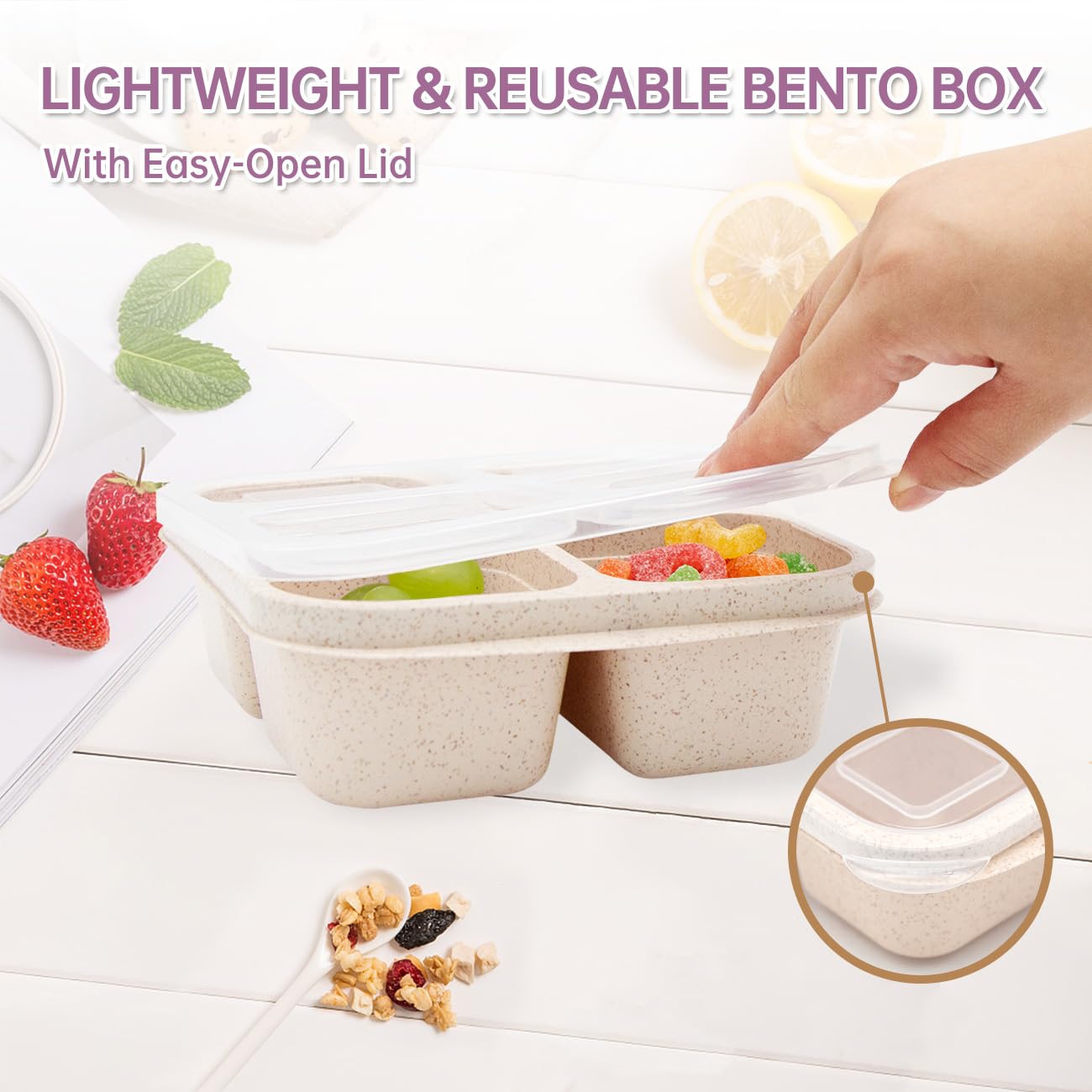 Rngwaper 5 Pack Bento Lunch Box,4 Compartment Snack Containers,Divided Bento Snack Box,Meal Prep, Lunch Box Kids/Toddle/Adults,F