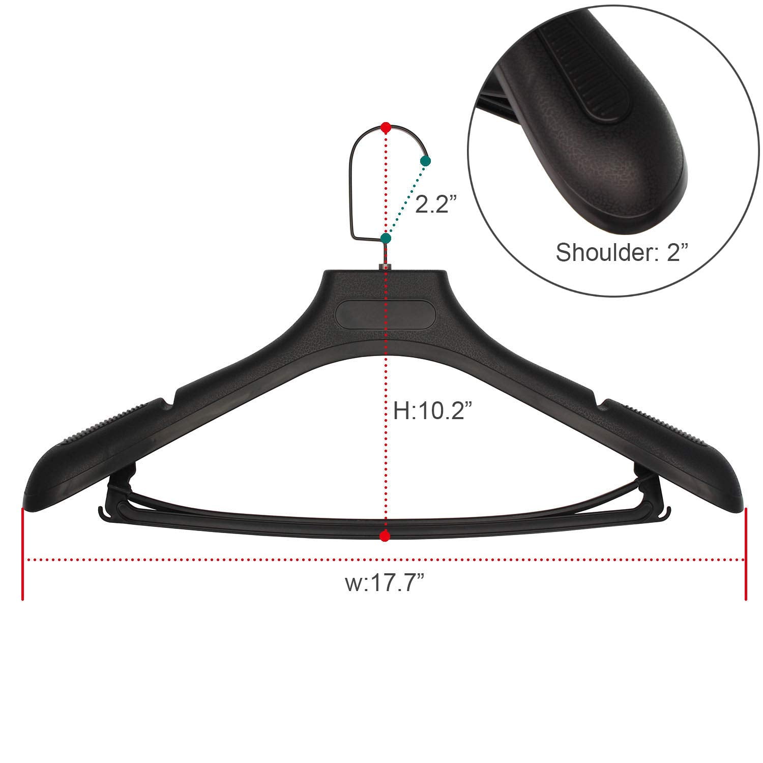 Plastic Extra Wide Suit Hangers, Pack Of 15, Width: 17.7'',Notched Shoulders & Swivel Hooks, Black