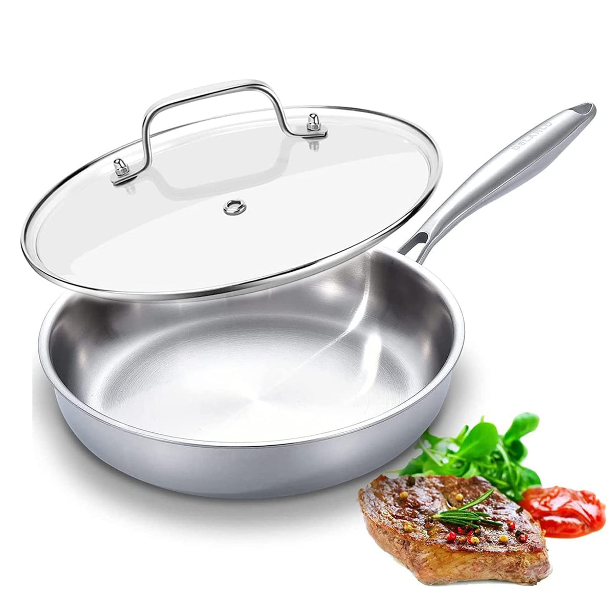 Delarlo Tri-Ply Stainless Steel Pan, 12 Inch Frying Pan With Lid, Compatible With All Cooktops Up To 600?, Fast & Even Heat, Ski