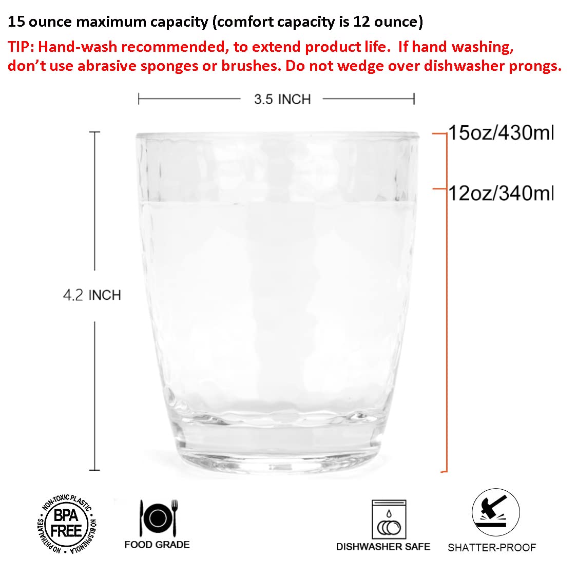 Koxin-Karlu Hammered 15-Ounce Plastic Tumbler Acrylic Glasses, Set Of 6 Clear