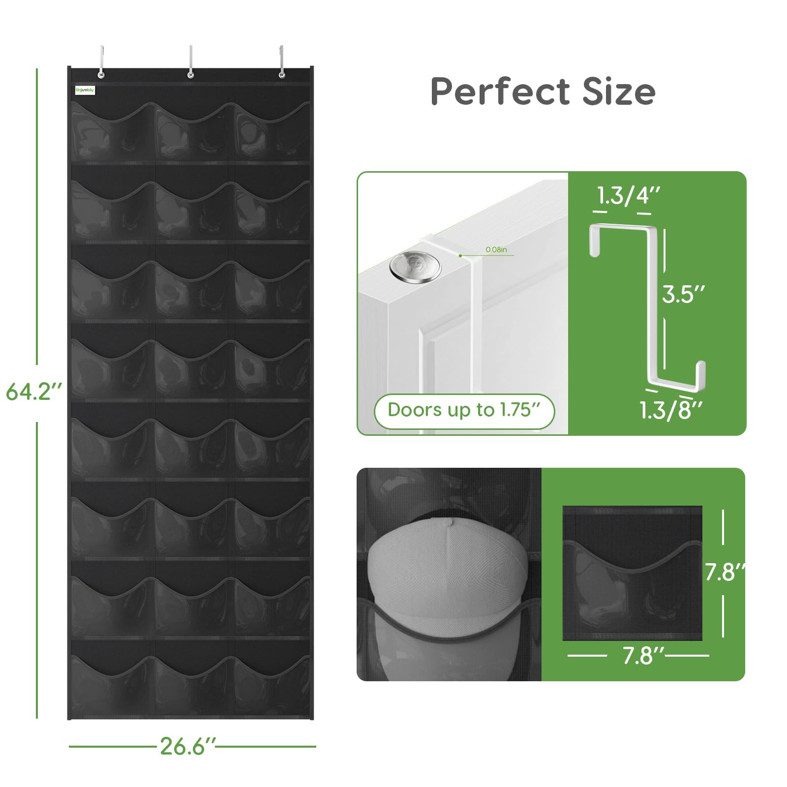 Unjumbly Over Door Hat Rack - 24 Pocket Baseball Cap Organizer, Black, Oxford 600D Fabric, Includes 3 Over Door Hooks