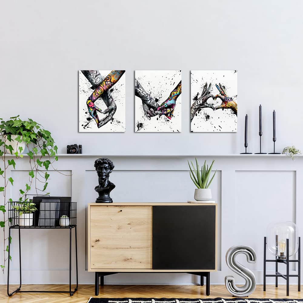 Vanseeing 3 Piece Graffiti Paintings Canvas Wall Art Promise Holding Hands Pop Art Posters Prints Abstract Painting Bedroom Wall