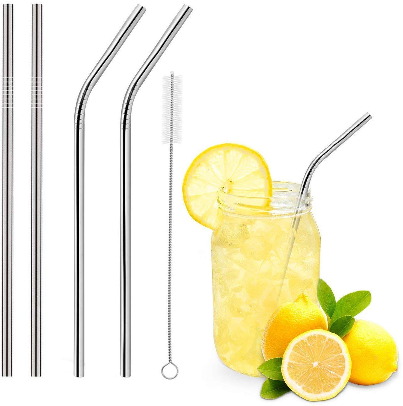 Truvic Reusable BpaFree Metal, Thick, Long, Dishwasher Safe Stainless Steel Drinking Straws, 8.5 Inches (2 Bend And 2 Straight 