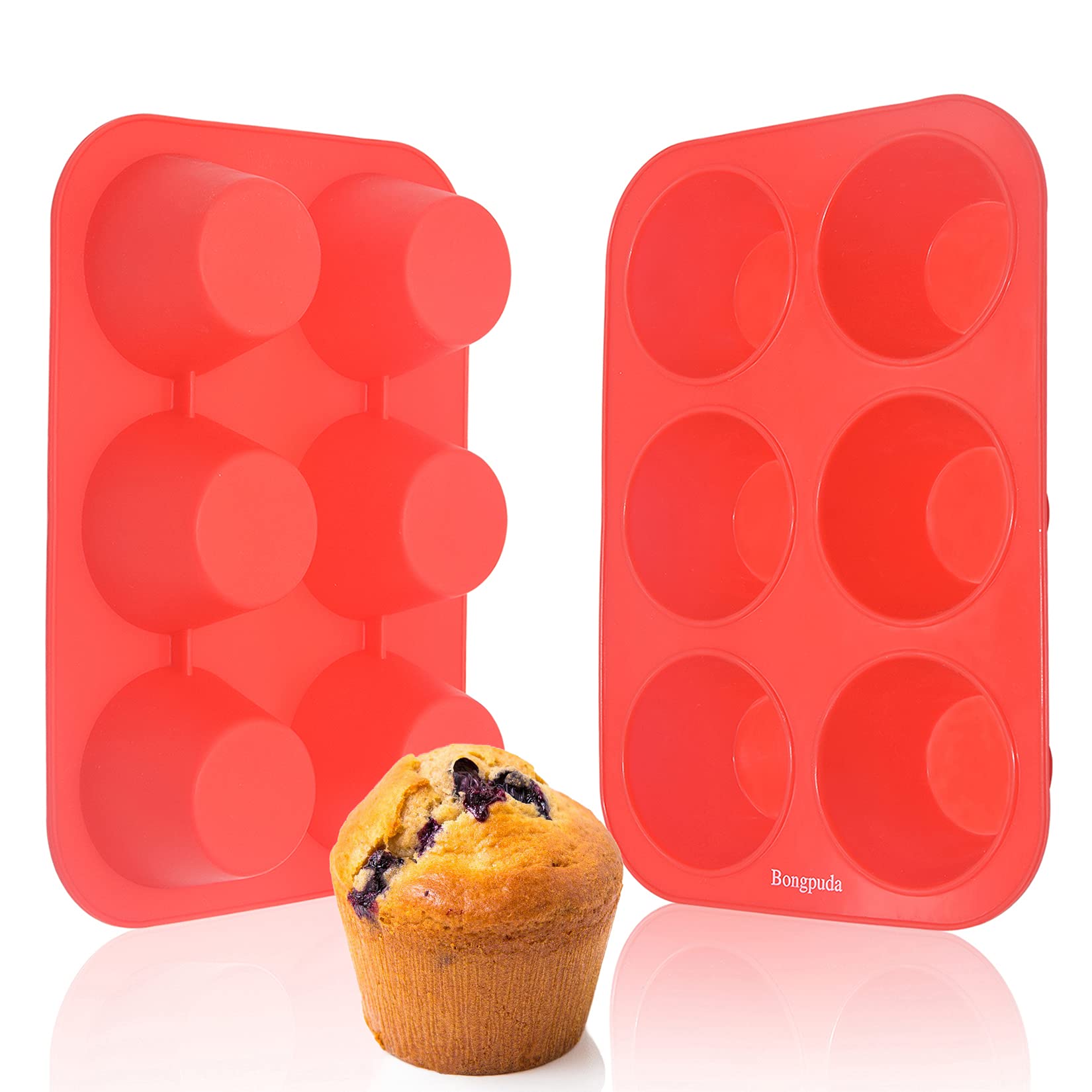 Bongpuda Silicone Large Muffin Pan 2 Pack,6 Cup Large Silicone Cupcake Pan,Non-Stick Jumbo Muffin Pans,Food Grade Cupcake Molds,