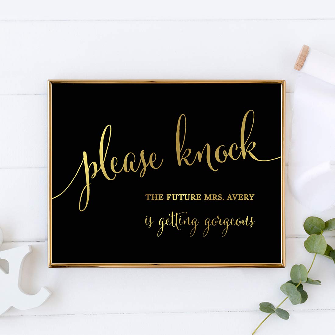 Andaz Press Personalized Wedding Party Signs, Black And Metallic Gold Ink, 8.5X11-Inch Wall Art, Poster, Gift, Please Knock The