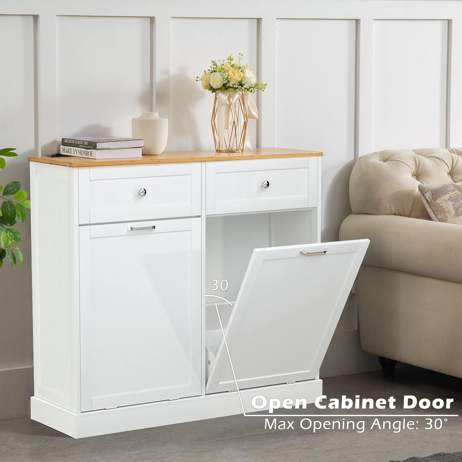 Gazhome Double Tilt Out Trash Cabinet With Charging Station, Upgrade Wooden Free Standing Trash Cabinet With Outlet,Recycling Ca