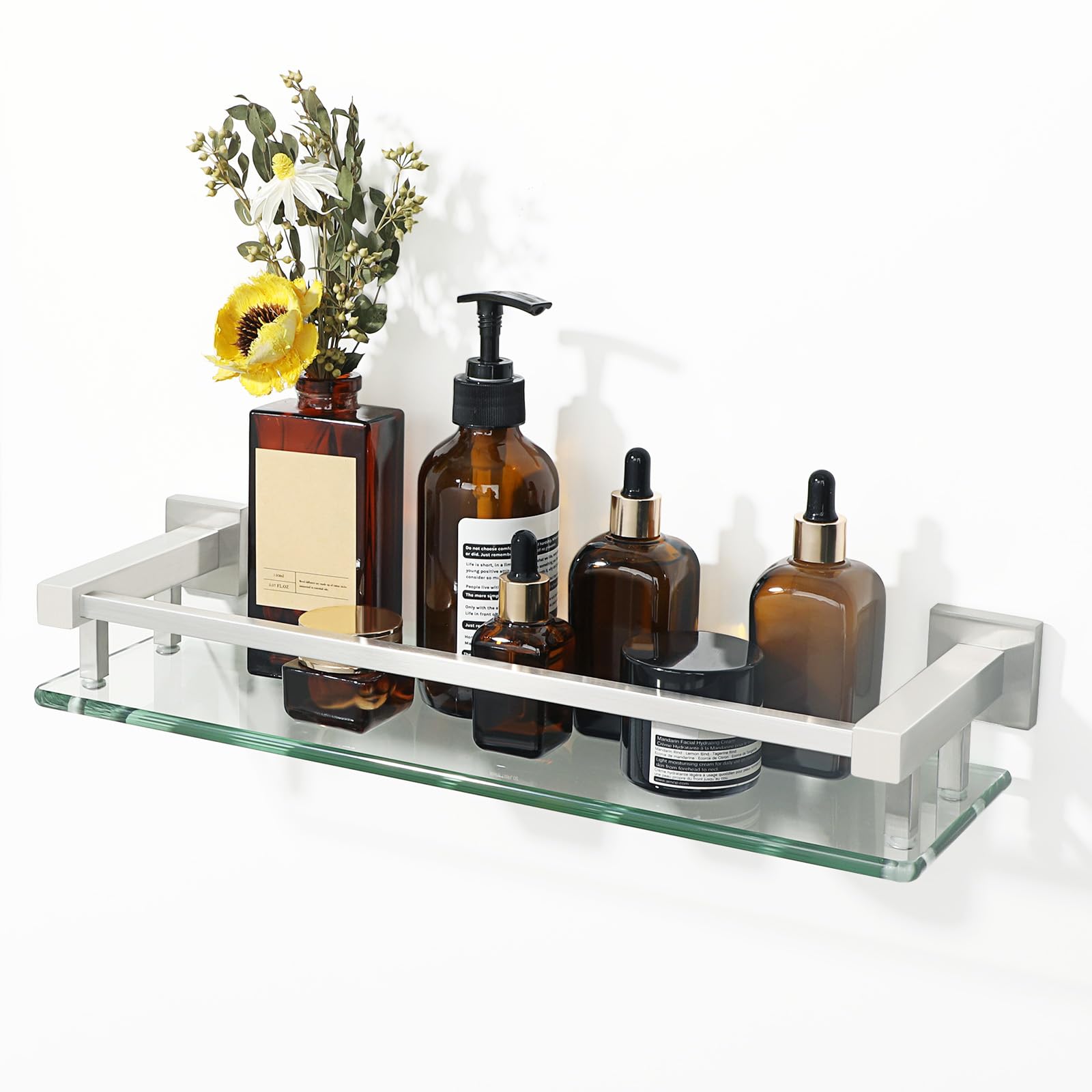 Alise Glass Bathroom Shelf, Brushed Nickel Tempered Glass Shelves For Bathroom, Stainless Steel Modern Bathroom Floating Shelves