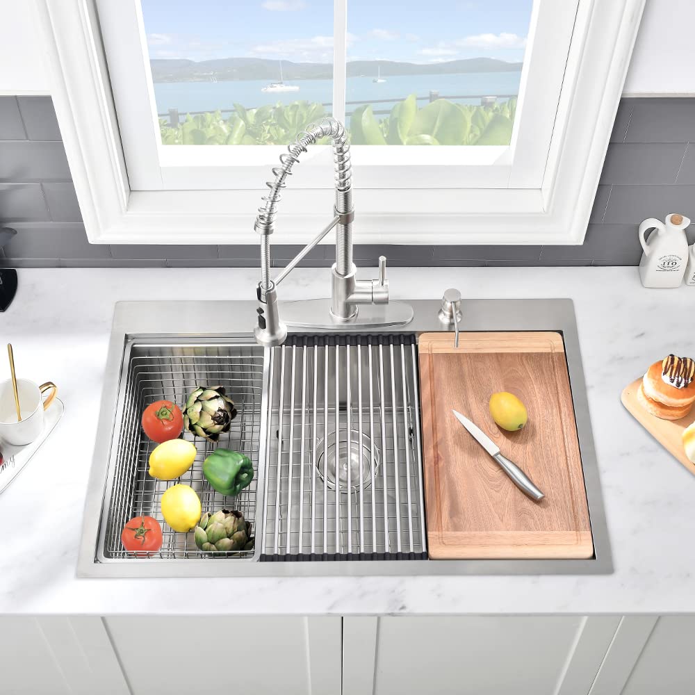 33 Inch Drop In Kitchen Sink Workstation-VASOYO 33x22 Kitchen Sink Stainless Steel Drop In Topmount Kitchen Sink 16 Gauge 10 Inch Deep Single Bowl Kitchen Sink with Cutting Board