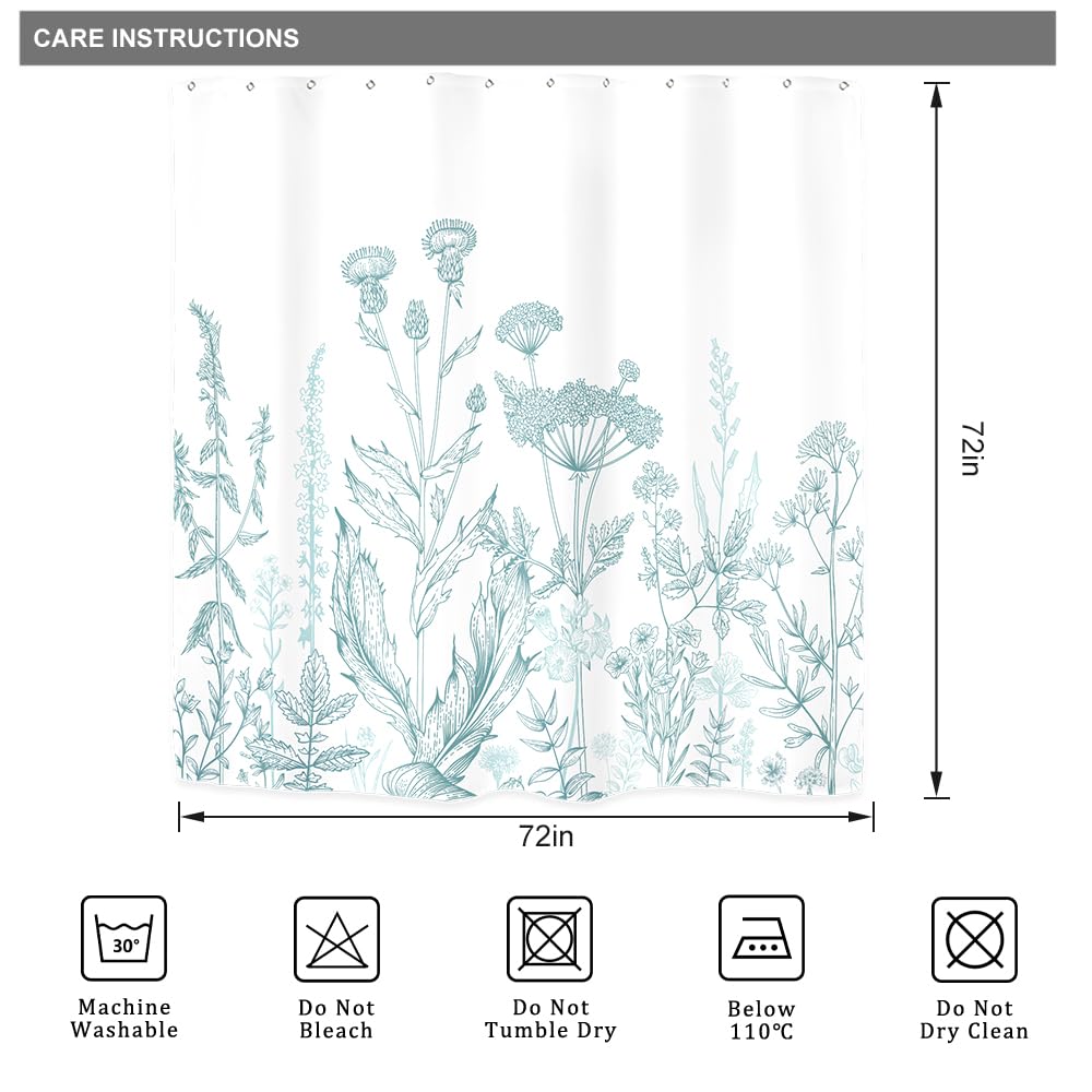Riyidecor Teal Blue Floral Wildflower Shower Curtain For Bathroom Decor 72Wx72H Rustic Botanical Plant Leaves Farmhouse Spring N