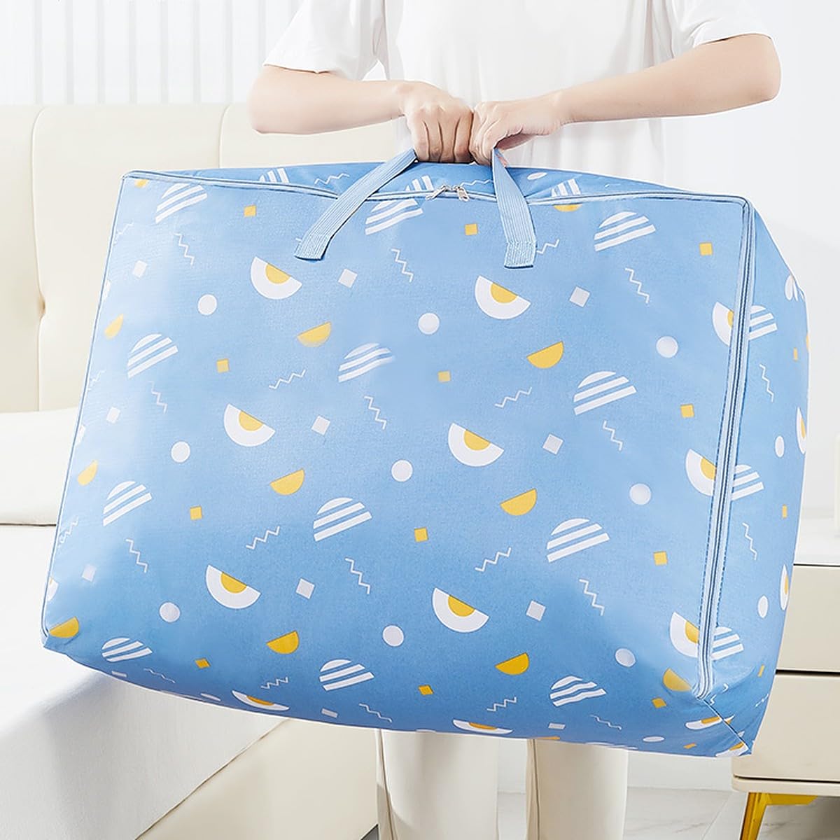 Wolpin Non-Woven Extra Large Size Underbed Storage Bag Waterproof (70 X 30 X 50 Cm) - Zippered Closure & Handle Geometry Print,