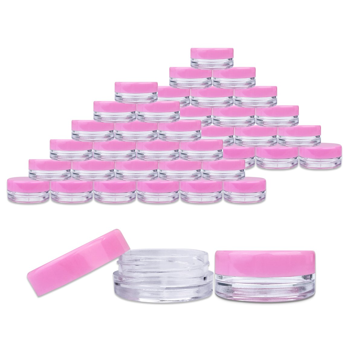 Beauticom 3G/3Ml Round Clear Jars With Pink Lids For Acrylic Powder, Rhinestones, Charms And Other Nail Accessories - Bpa Free (