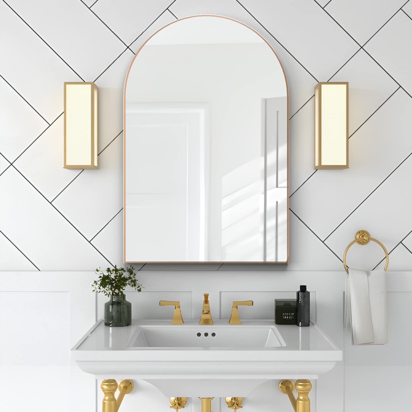 Neuweaby Wall Mounted Mirror, Arched Wall Mirror For Bathroom, 24''X36'' Arch Bathroom Mirror With Metal Frame, Gold Vanity Mirr