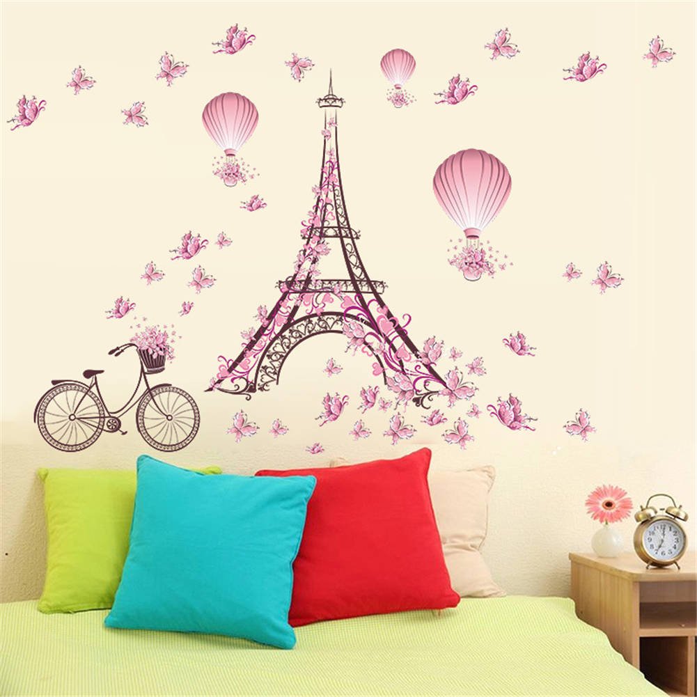 Bibitime Romantic France Paris Eiffel Tower Wall Decals For Girls Room Flower Bike Butterflies Hot Air Balloon Vinyl Sticker Val