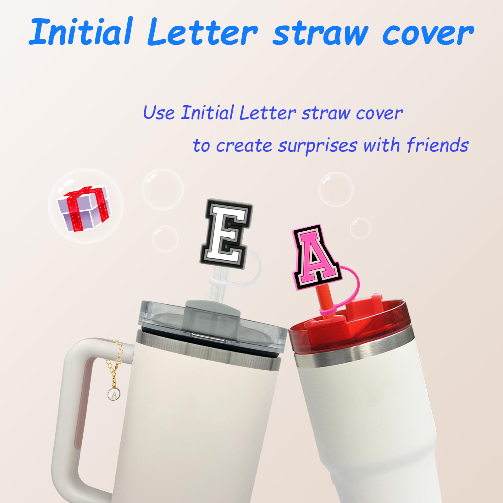 (2+2)2Pcs Straw Cover For Stanley Cup 30&40 Oz 10Mm Straw Topper With 2Pcs Stanley Cup Accessories Letter Charms Name Id Initial