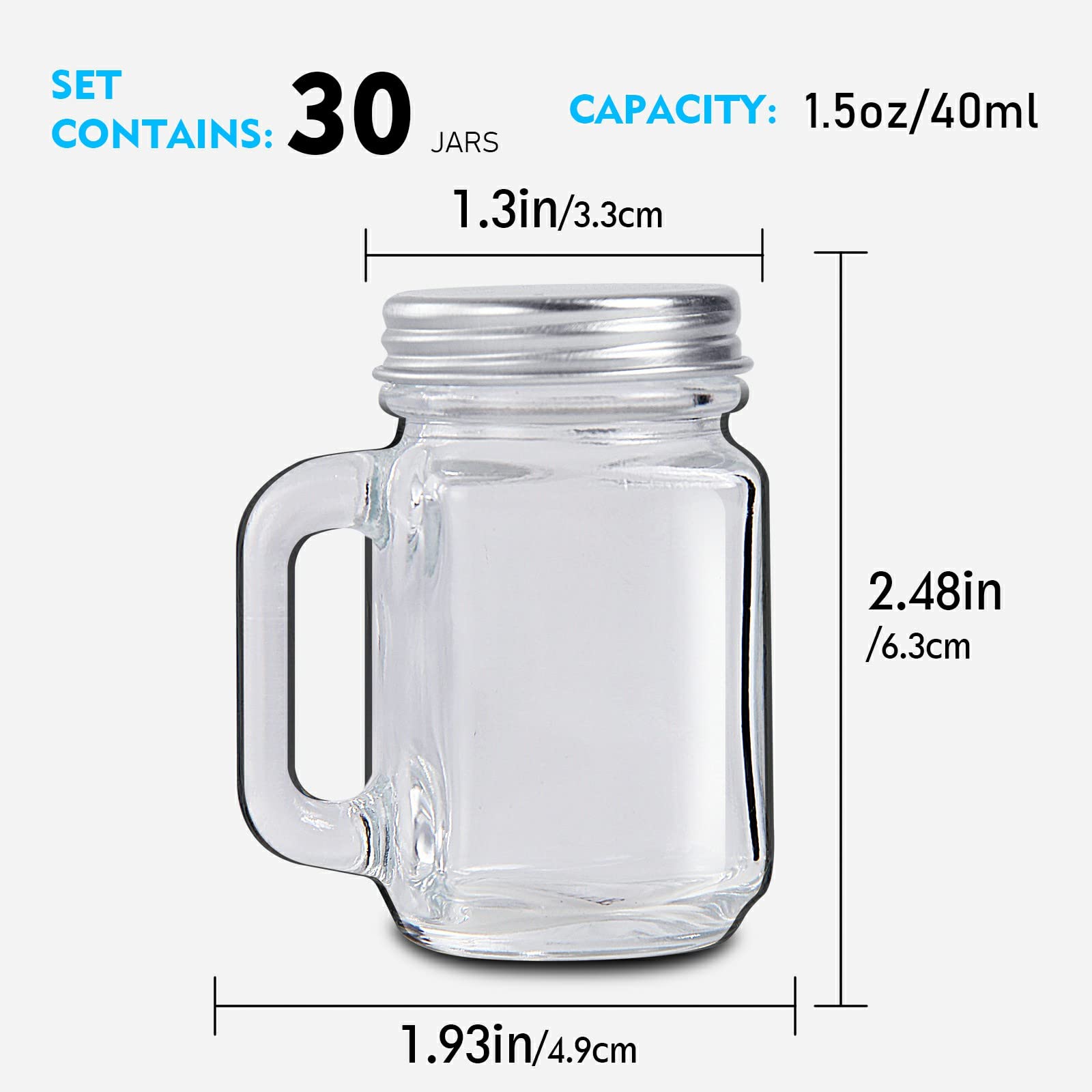 Desiyue 1.5Oz-30 Pack Mini Glass Mason Jars Set With Silver Lids & Handles, Small Favor Jars, Food Storage Containers For Weddin