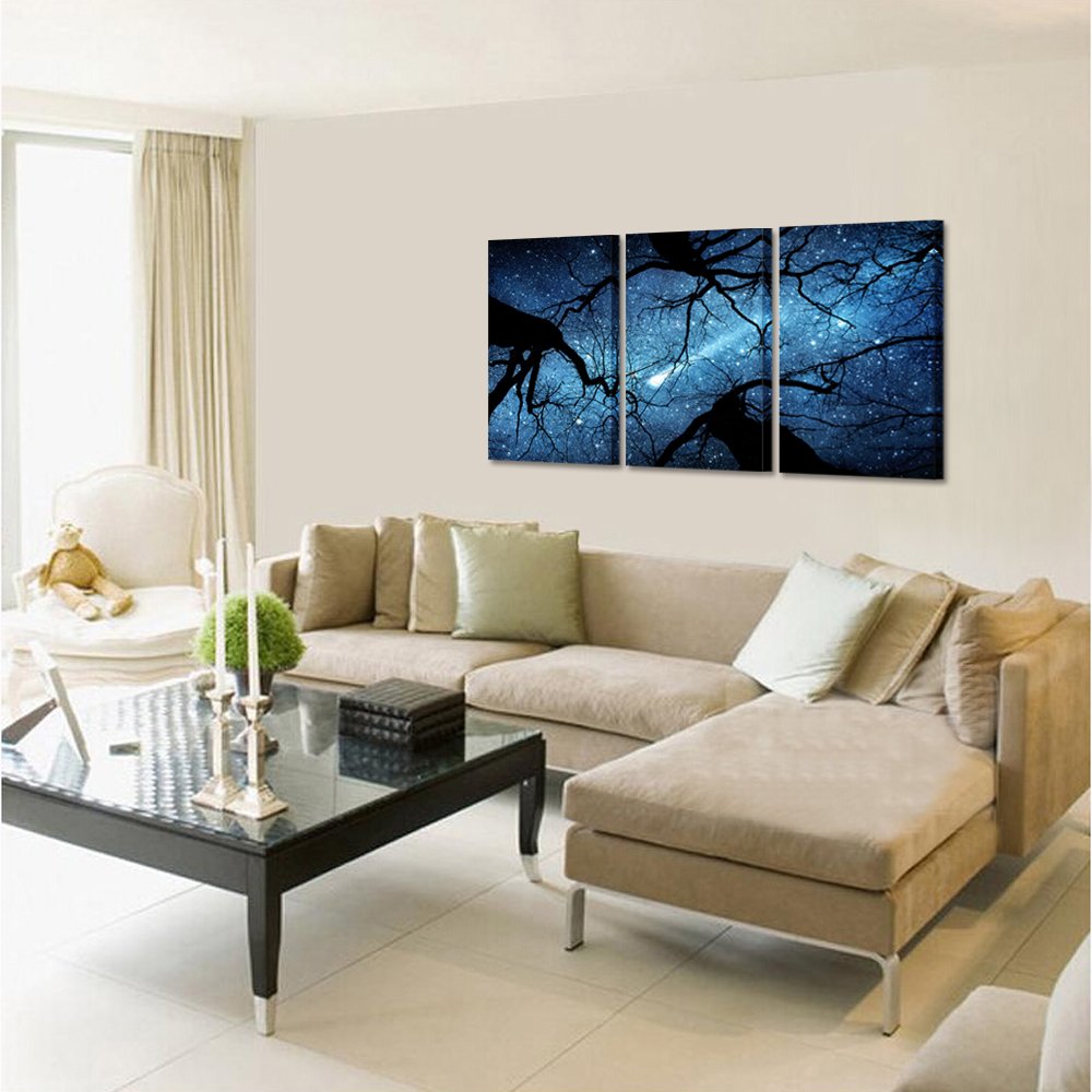 KREATIVE ARTS Night Starry Sky Surrounded Trees Forest Canvas Wall Art Prints Landscape Canvas Picture Wall Decal Home Decoration Ready to Hang 16x24nichx3pcs