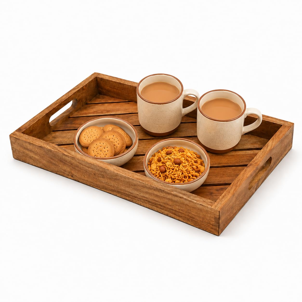 Bauzini Mango Wood Serving Tray With Handles Rectangular Wooden Tray For Tea, Coffee, Breakfast & Snacks Decorative Serving Tray