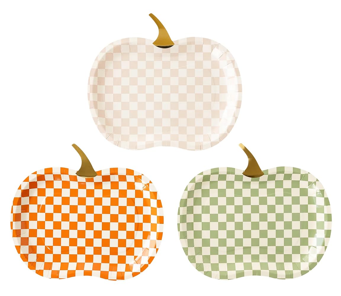 My Minds Eye Thanksgiving Dinner Plates, Table Decor 11 Decorative Paper Plate, Decorations Disposable Plaid Pumpkin Shaped, 6 