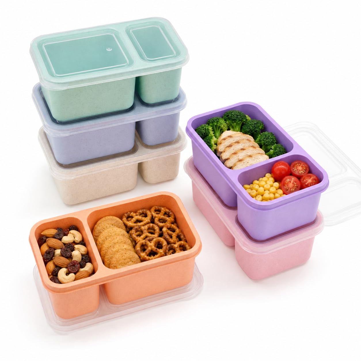 HestiaSnax 6 Pack Bento Snack Boxes, 2 Compartments, Wheat Straw