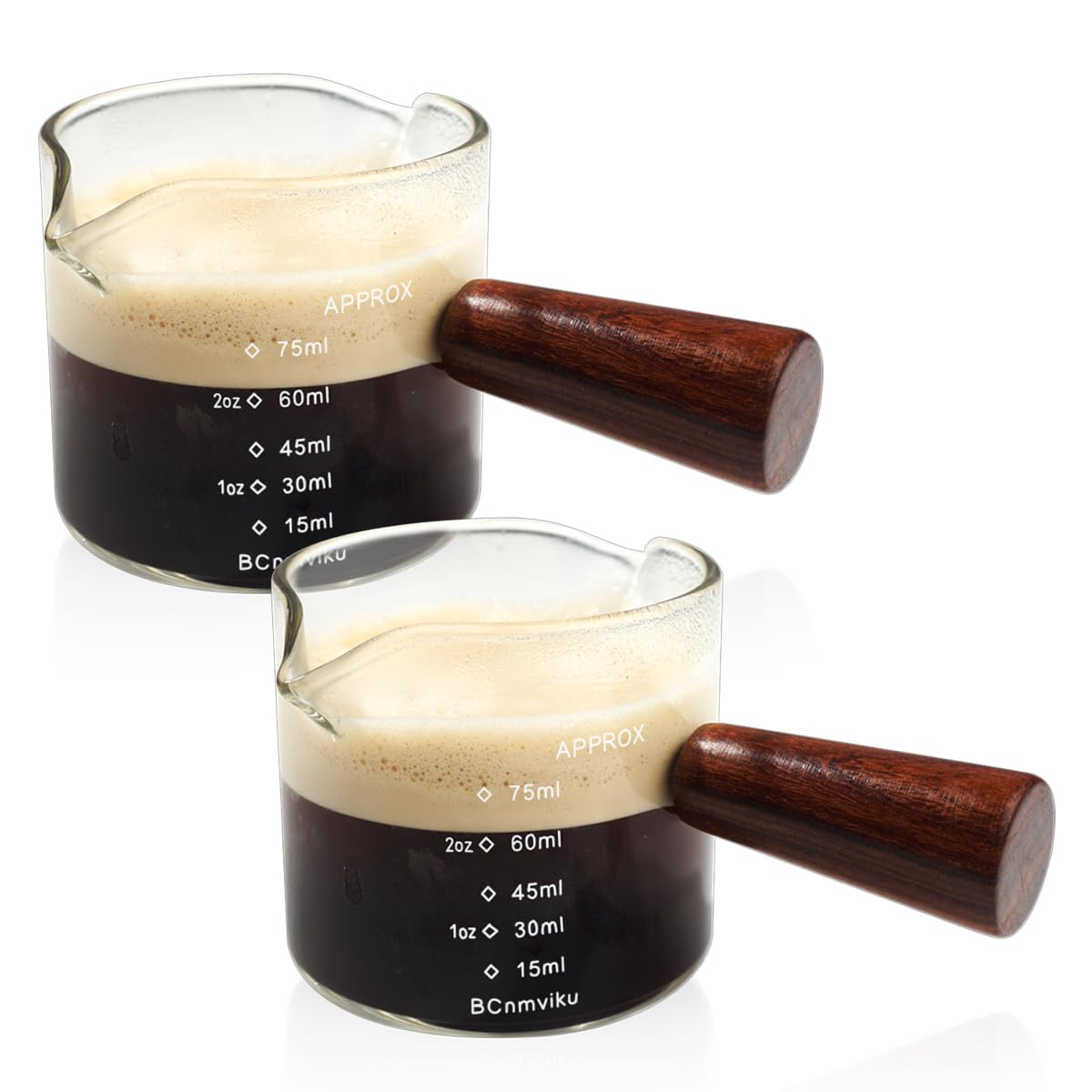 2 Pcs Double Spouts Measuring Triple Pitcher Milk Cup With Wood Handle 75Ml Espresso Shot Glasses Parts Clear Glass By Bcnmviku