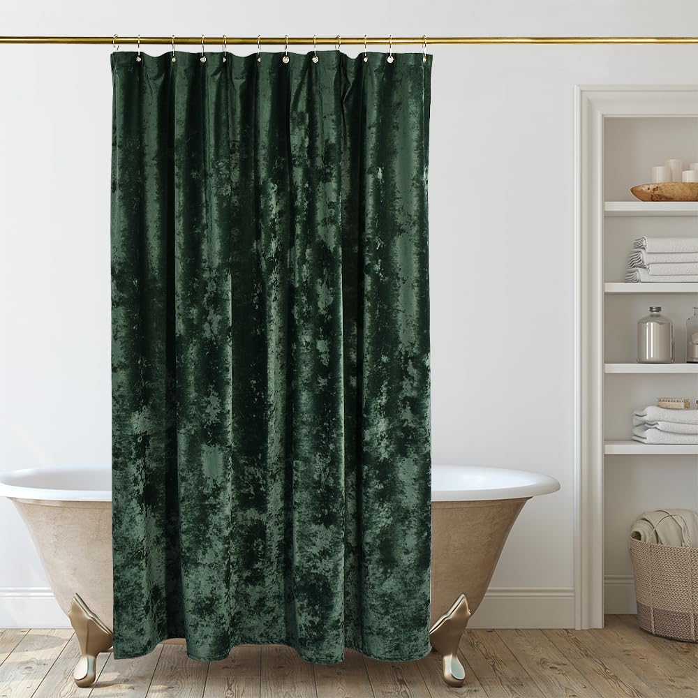 Tamgho 84 Inch Shower Curtain, Luxury Crushed Velvet Shower Curtain, Extra Long Dark Green Shower Curtain Set With Gold Decro Ho