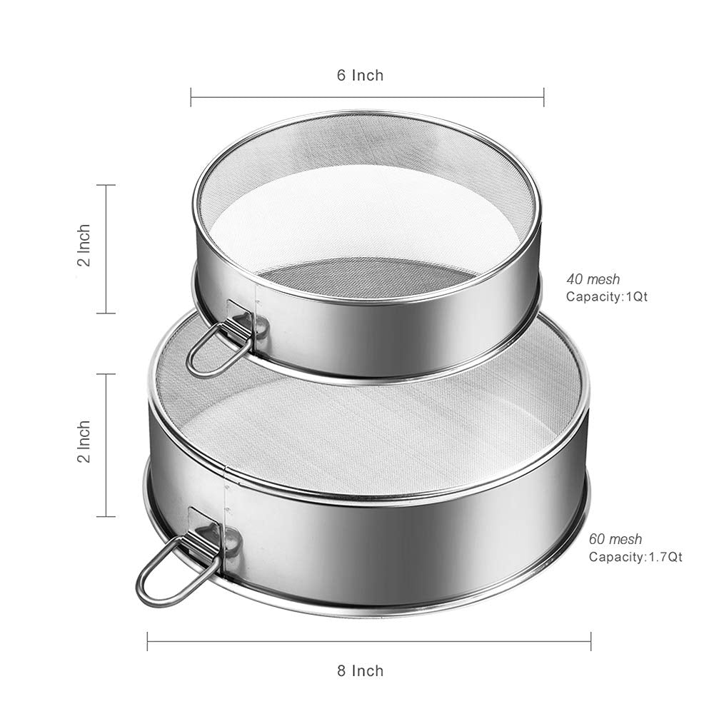 Webake Sieve 6-Inch, 8-Inch Sieves Fine Mesh Strainer Set Of 2 Stainless Steel Sifter Round Flour Sieve For Baking Straining Pow
