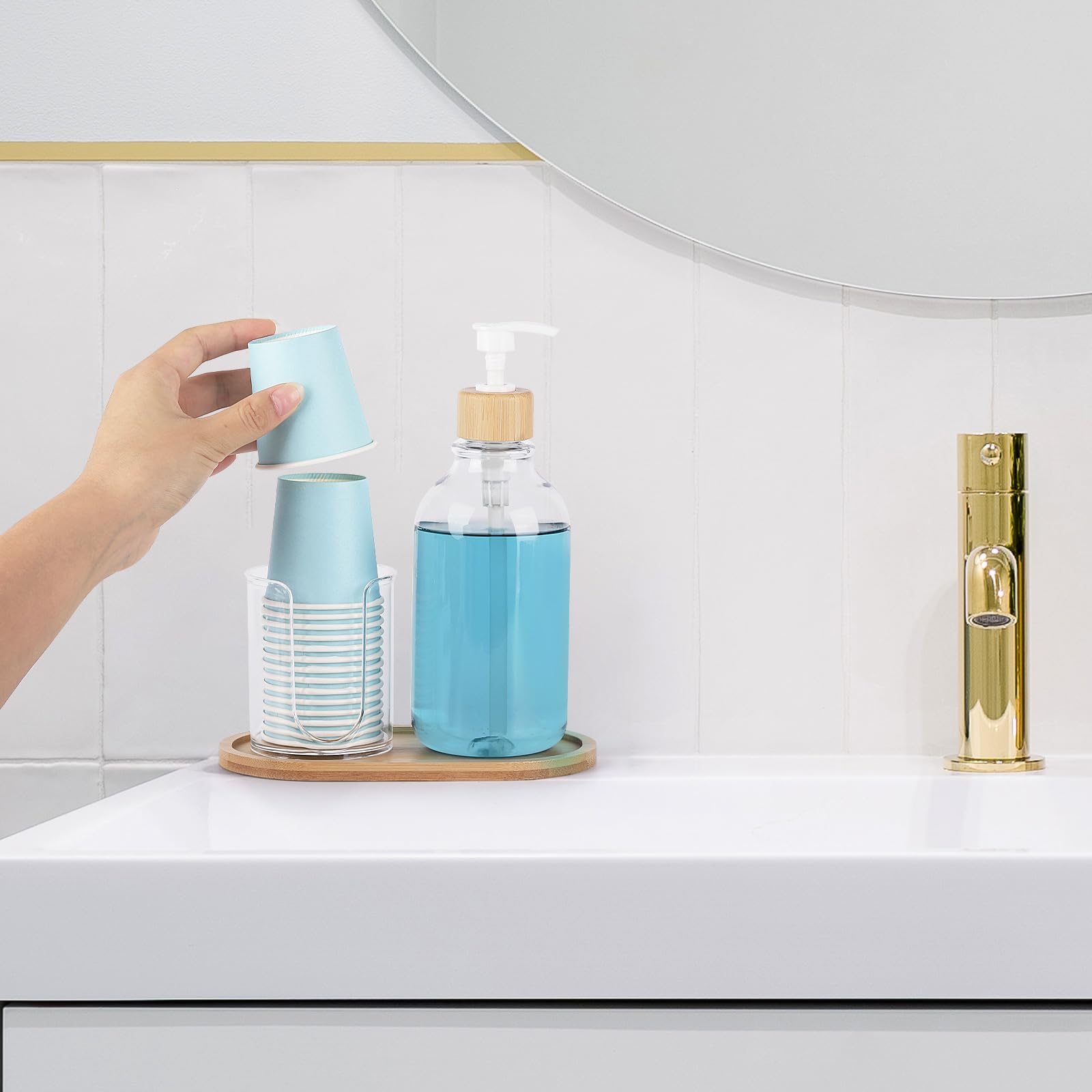 Mouthwash Dispenser With Cup Holder, Plastic Mouth Wash Pump Bottle With Tray For Bathroom Organizers, 17Oz Refillable Clear Mou