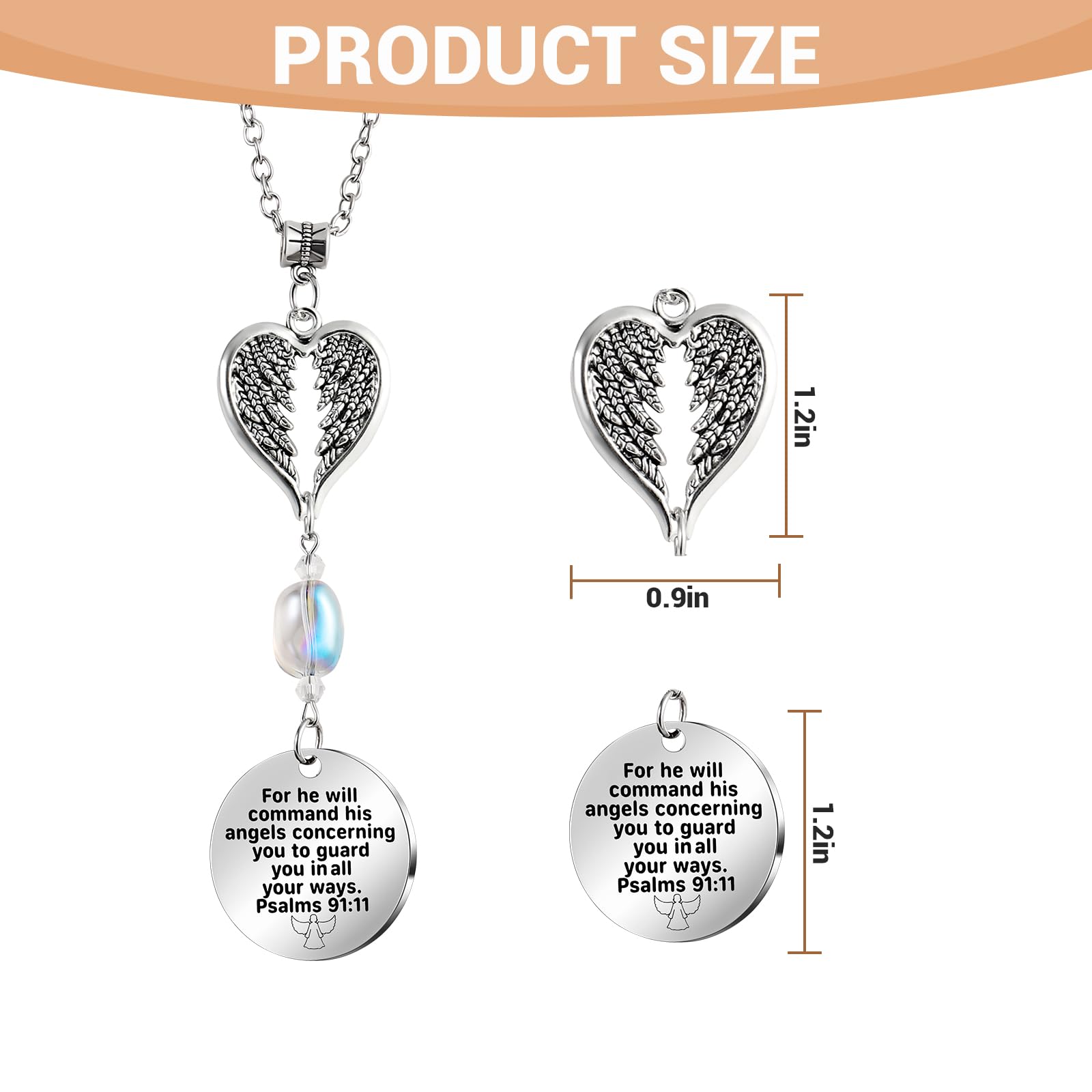 Ausicfen Angel Car Charms - Christian Rear View Mirror Ornament, Alloy Steel, Psalm 91:11, Stainless Steel, Model Christian Car Mirror Ornament01