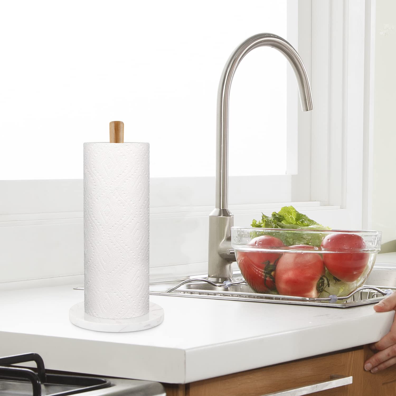 Buruis Wood Paper Towel Holder, Marble Base Modern Decorative Countertop Standing Rolls Holder For Kitchen, Toilet, Pantry And B