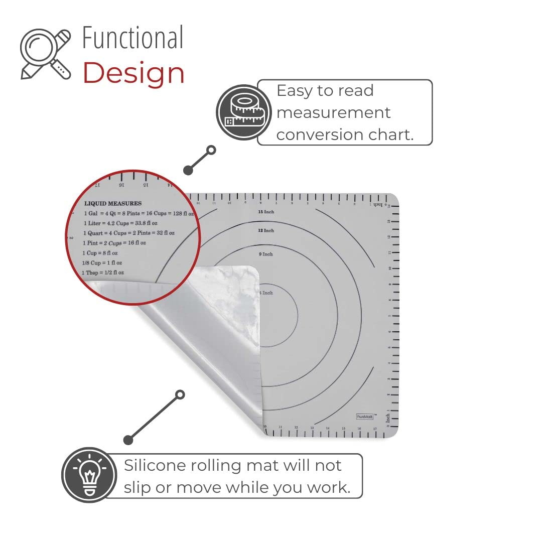 Husmait Silicone Rolling Mat - Premium Kitchen Pastry Mat For Rolling And Baking Prep - Great For Making Dough, Pastries, Pizza