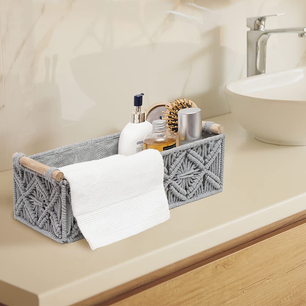 Macrame Storage Basket Boho Decor Baskets for Organizing Woven Decorative Countertop Toilet Paper Tank Top Home Bedroom Nursery Livingroom Entryway (Set of 2 Grey)