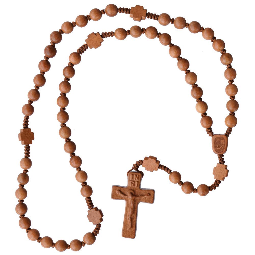 IHM Imports Light Jujube Wood 5 Decade Rosary 8mm Beads with Cross Shaped Our Father Beads