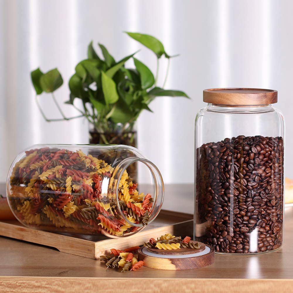 Large Glass Jar With Airtight Lid Set Of 2 93 Fl Oz(2750Ml) Glass Canister Set, Glass Food Containers Wooden Lid Suit For Kitche
