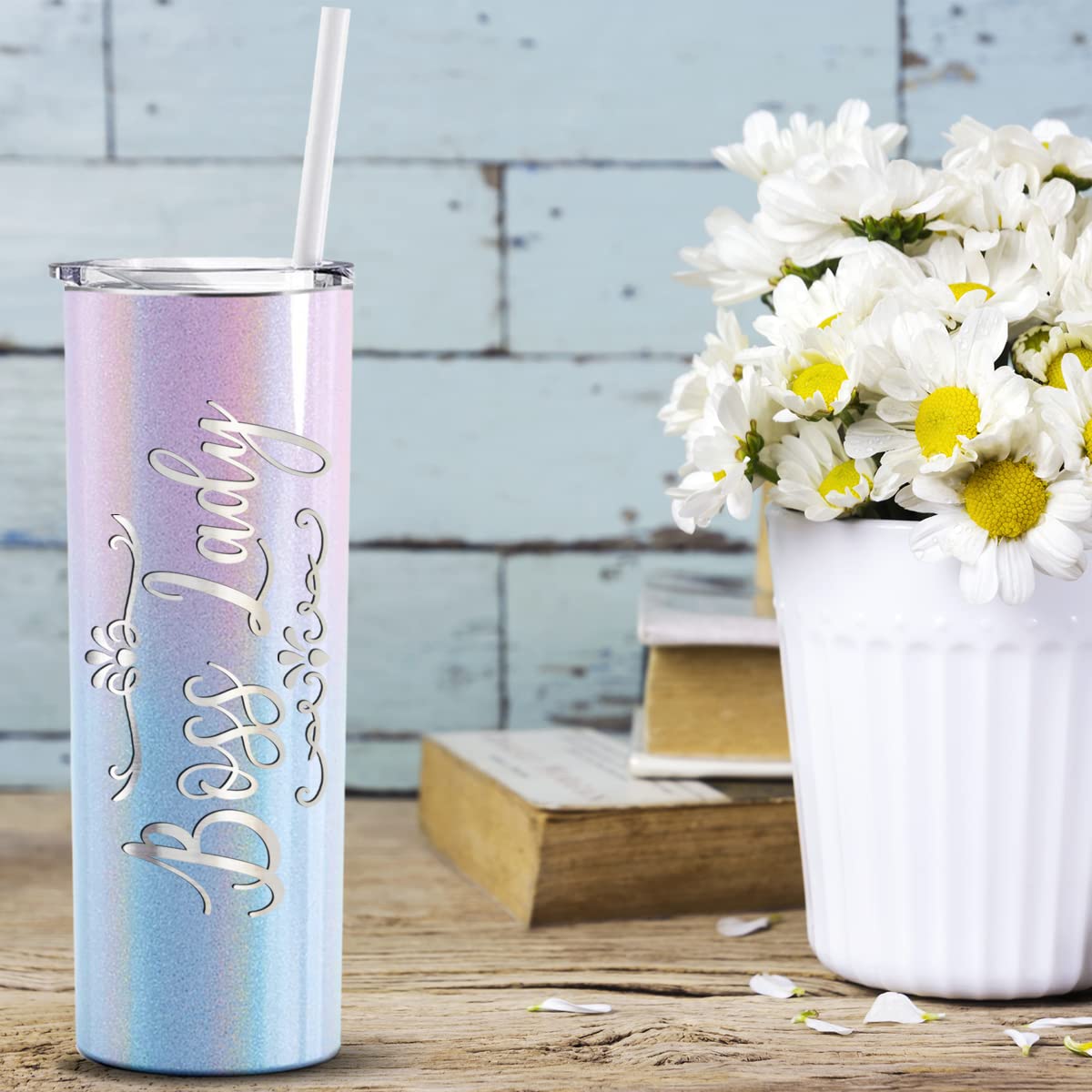 Cuptify Boss Lady Skinny Tumbler With Lid And Straw Laser Engraved On Cotton Candy Glitter 20 Oz Insulated Stainless Steel Birth