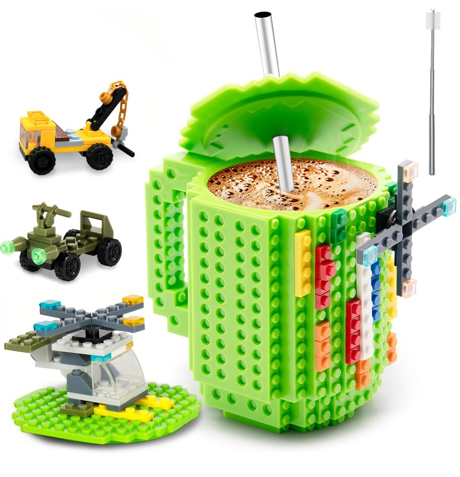 FUBARBAR Brick Coffee Mug - Funny Novelty Cup with Lid & Straw, Building Block Toy Mug, Gift Idea for Men/Women/Kids (Green)