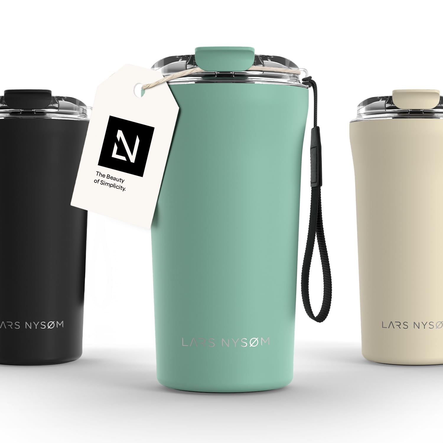 LARS NYSM Thermo Coffee Mug to go with Strap 17 oz | Travel Mug 0.5 Liter with Insulation | Leak Proof Stainless Steel Thermal T