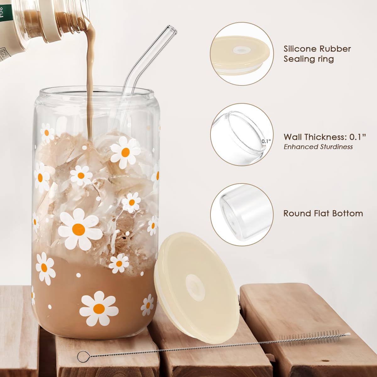 Daisy 16 Oz Can Glass Tumbler with Acrylic Lid and Straw - Iced Coffee Cups for Women, Aesthetic Glass Cup Gift for Birthday Chr