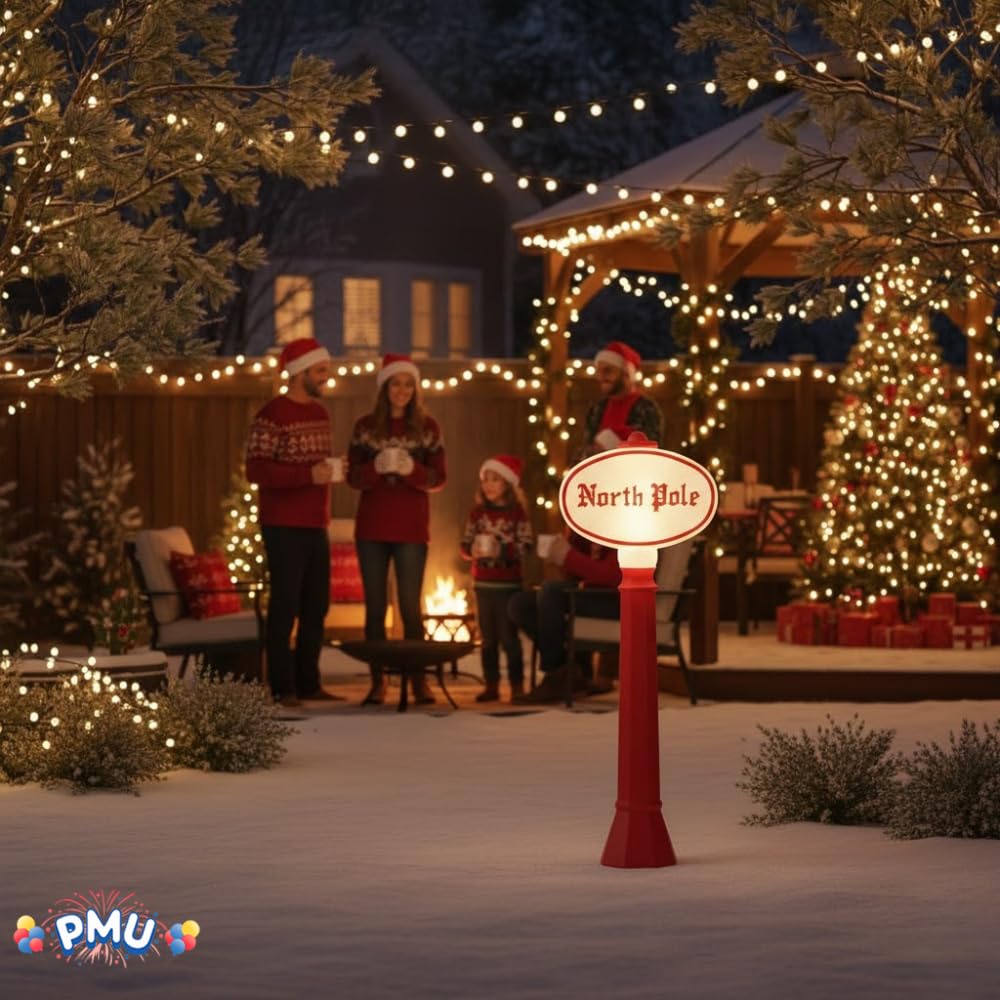 PMU Christmas Light-Up North Pole Sign - Plastic Blow Mold Statue Illuminated with 6 Cord and Light - Perfect Decor for Street,