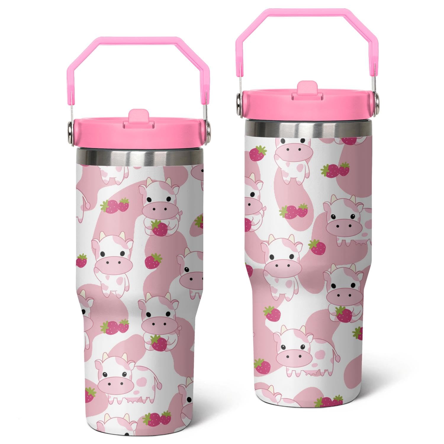 Queen Hero 30 oz Pink Cow Tumbler with Handle, Large Insulated Tumbler with Flip & Straw Coffee Mug Cup Stainless Steel Gifts fo