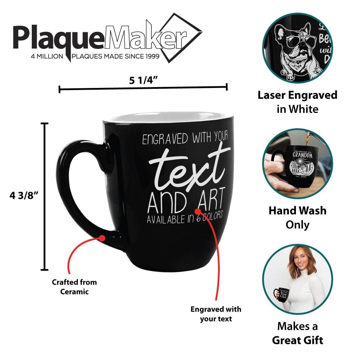 Plaquemaker Custom Ceramic Bistro Coffee Mug, Personalized Laser-Engraved Text, 16 Ounces (Black)