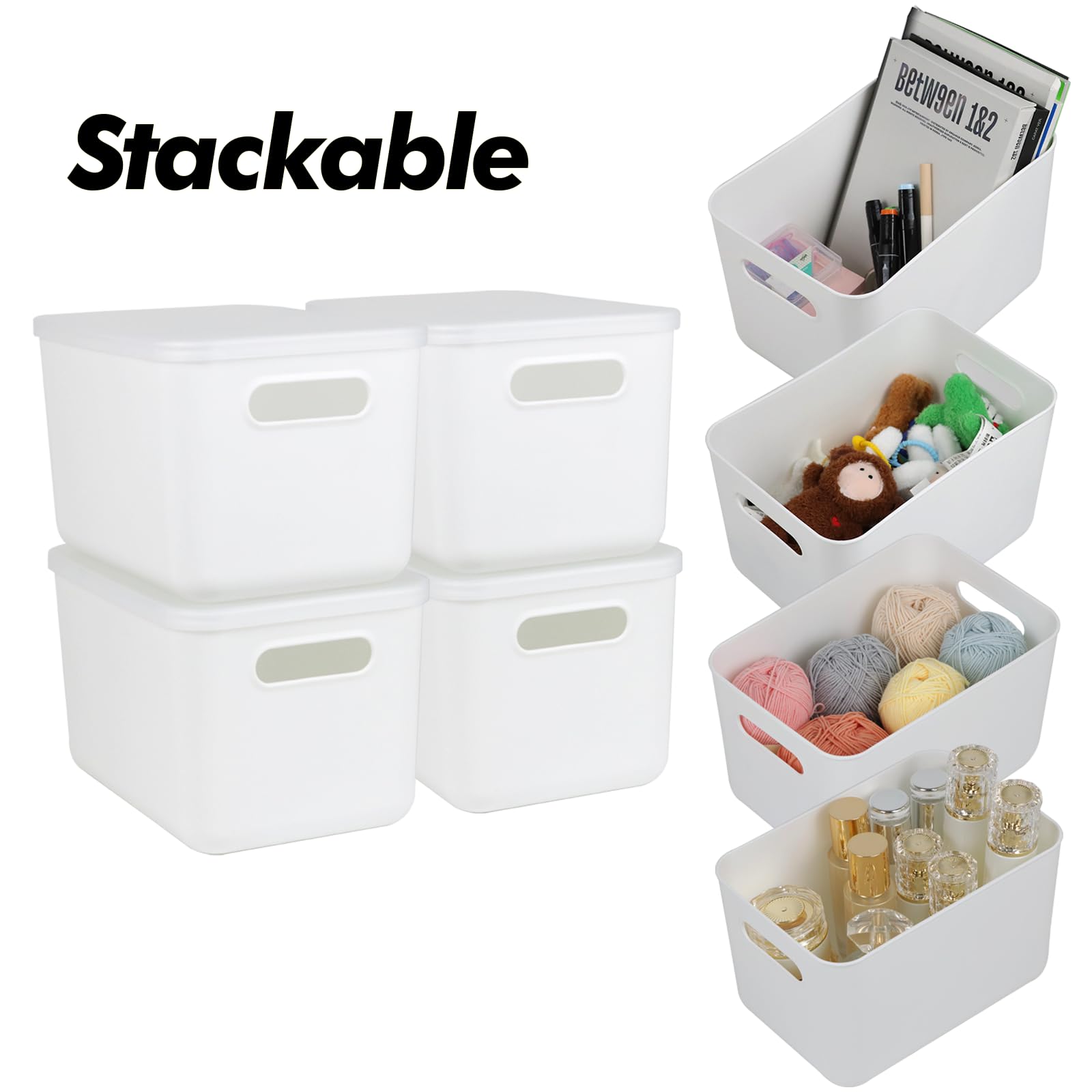 4 Pcs Small Storage Bins With Lids, Stackable Plastic Storage Containers For Organizing, Organizer Bins Shelf Baskets For Pantry