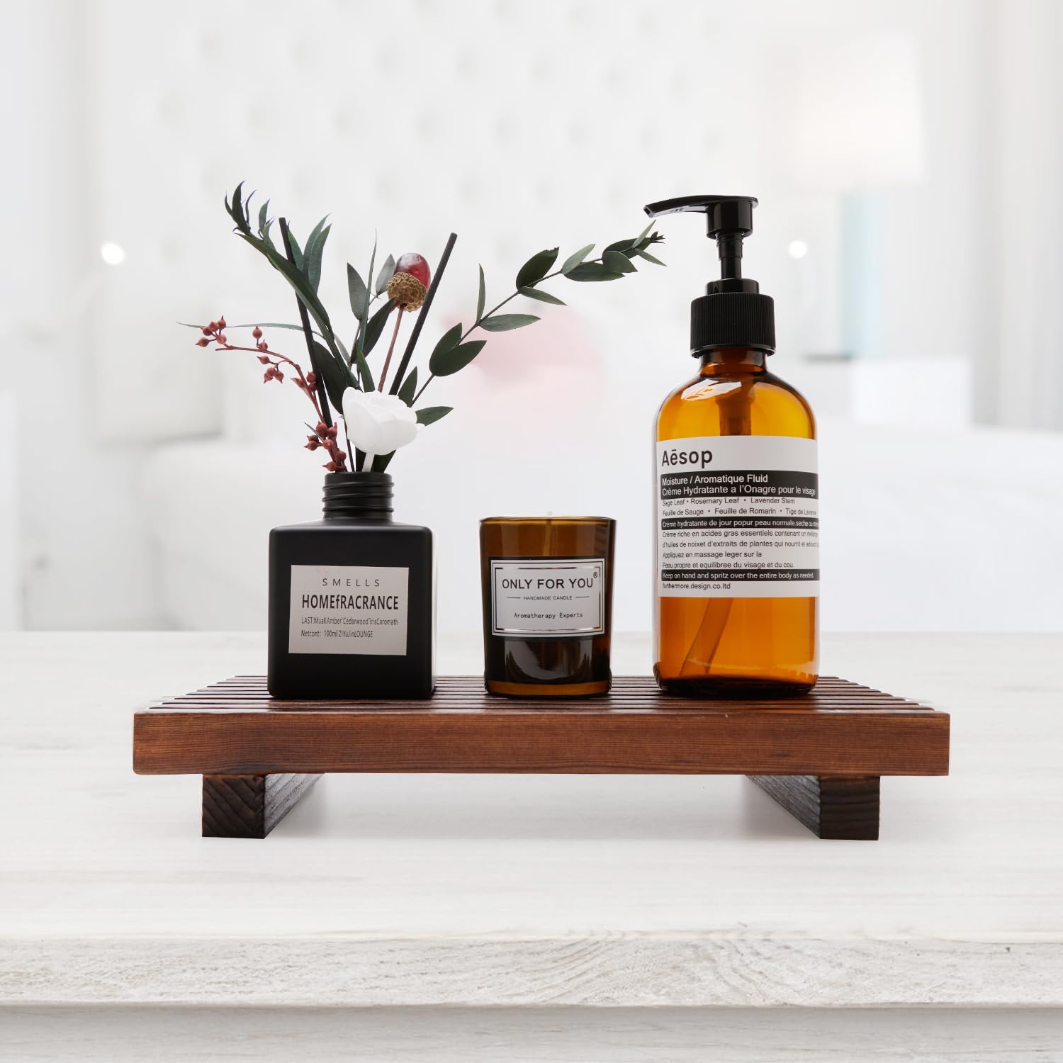 Farmhouse Bathroom Counter Organizer Wooden Display Pedesta Stand Small Kitchen Countertop Trays Decorative Wood Riser Dish Soap