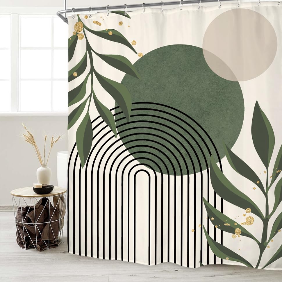 Miyotaa Abstract Sage Green Shower Curtain Set 71Wx71H Inches Minimalist Plant Aesthetic Modern Neutral Leaves Mid Century Water