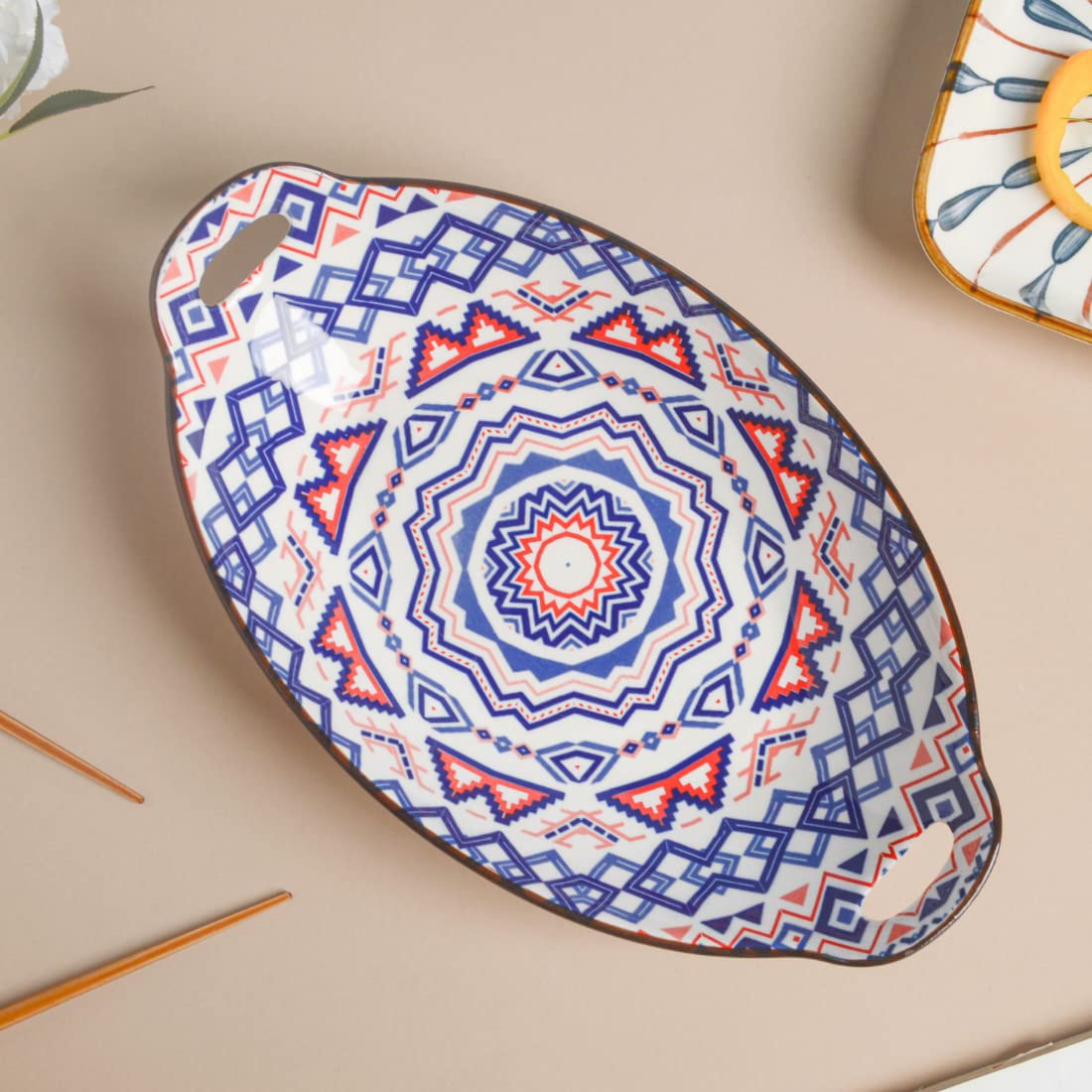 Nestasia Blue & Red Mandala Ceramic Long Dish with Handles for Serving Snacks, Appetizers, Salads, and Noodles| Microwave Safe,