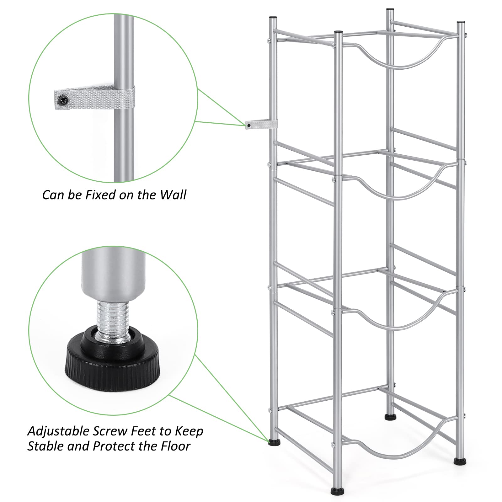 Smusei 5 Gallon Water Jug Holder Water Bottle Storage Rack, 4 Tier Water Cooler Jug Holder Rack Detachable Water Dispenser Stand