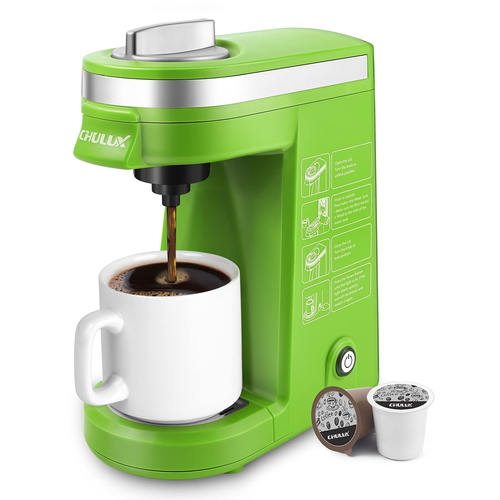 Chulux Single Serve Coffee Maker, Small Single Cup Coffee Maker For K Pod And Ground Coffee, Green